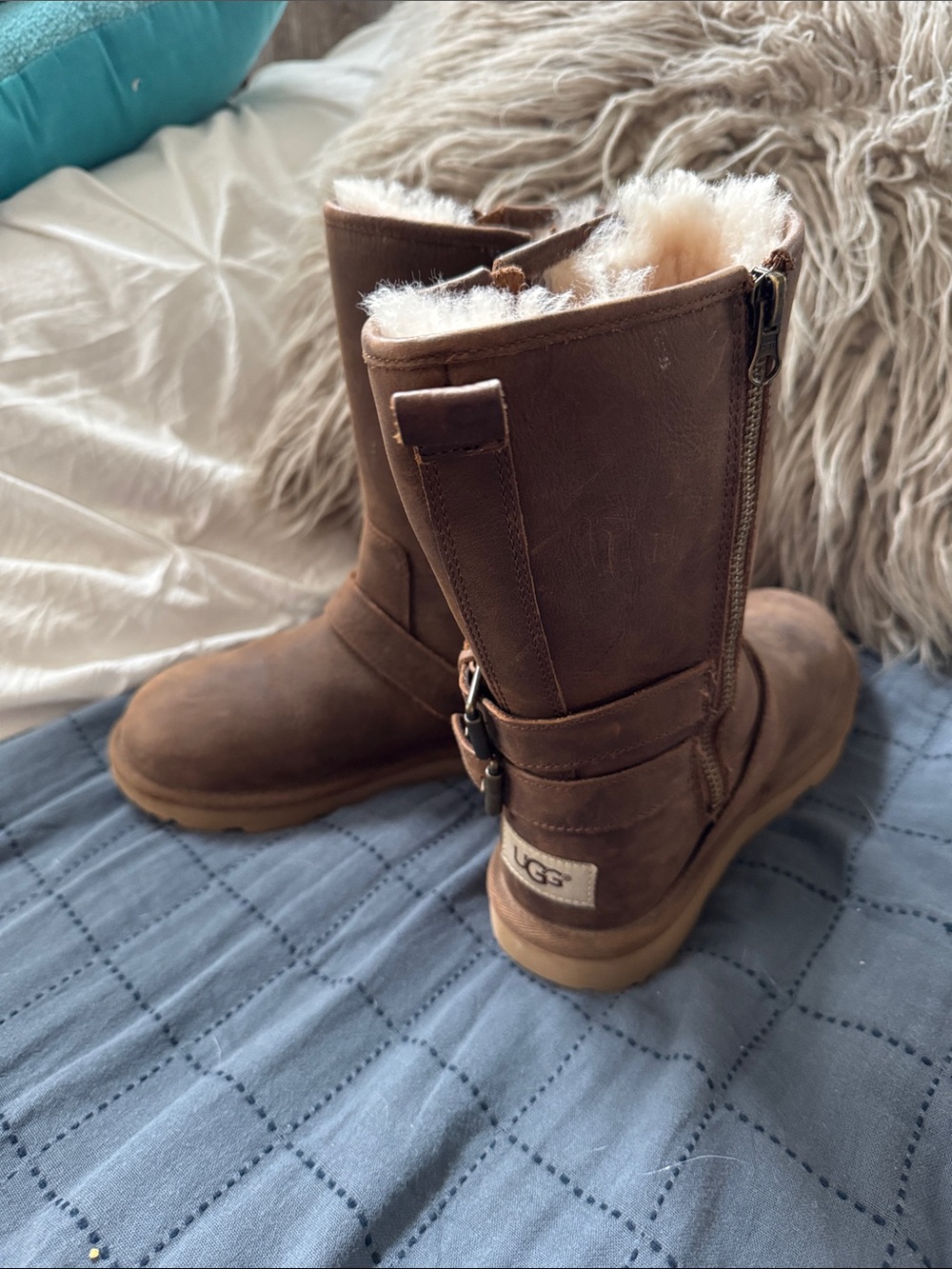 Kids UGG Brown Suede Shearling-Lined Mid-Calf Zip Boots